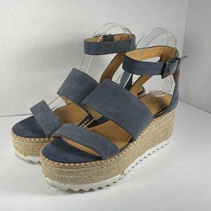 Crown Vintage Blue Suede Leather Straps Stack Wedge Sandals Shoes Size 38.5/US 8